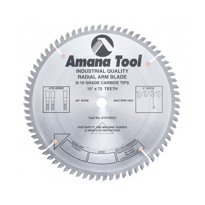 Picture of 610720 Carbide Tipped Radial Arm 10 Inch Dia x 72T ATB, 0 Deg, 5/8 Bore Circular Saw Blade